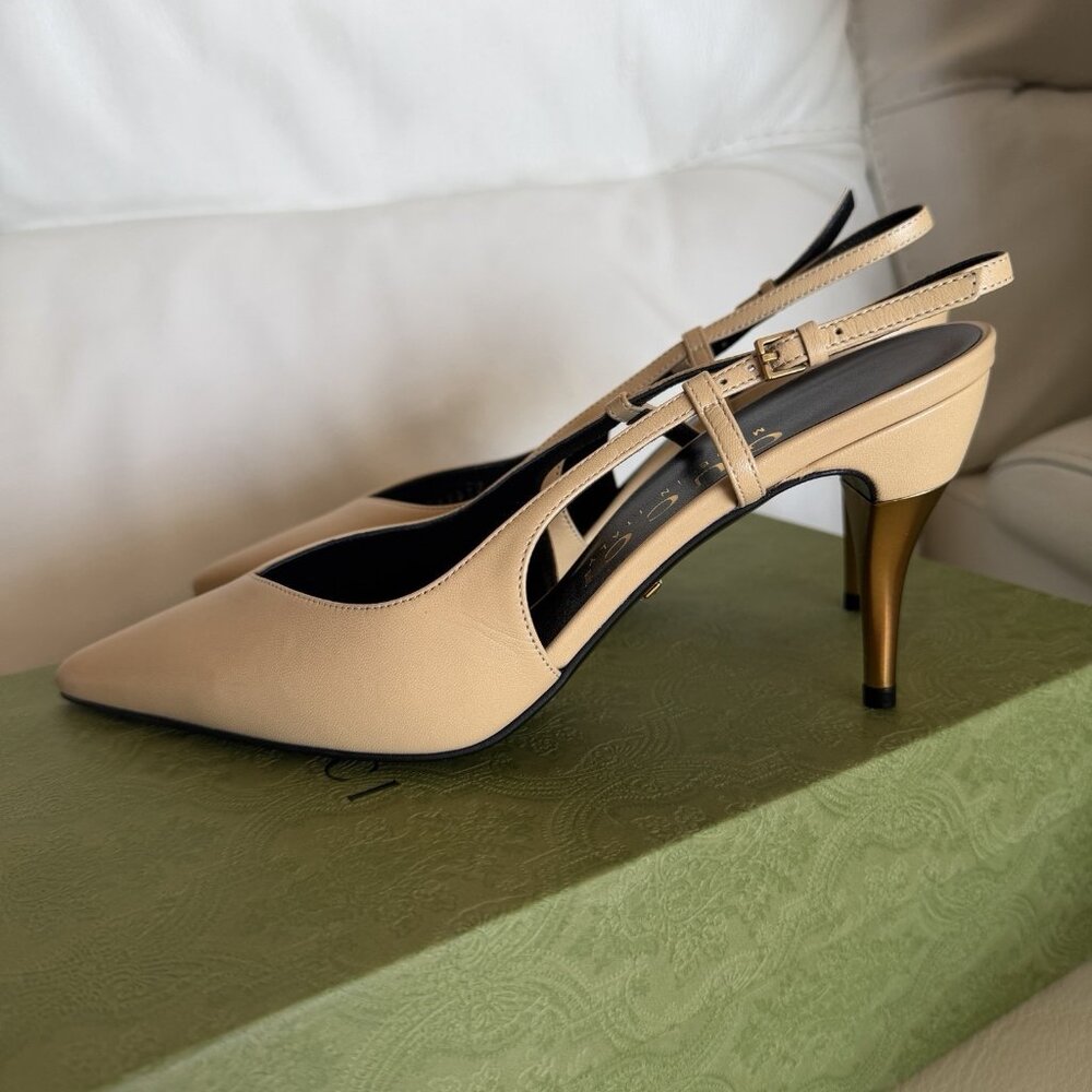 NEW Gucci Metal Heel Slingback Pumps Sz 37.5 100% Authentic Nude - Picture 5 of 10